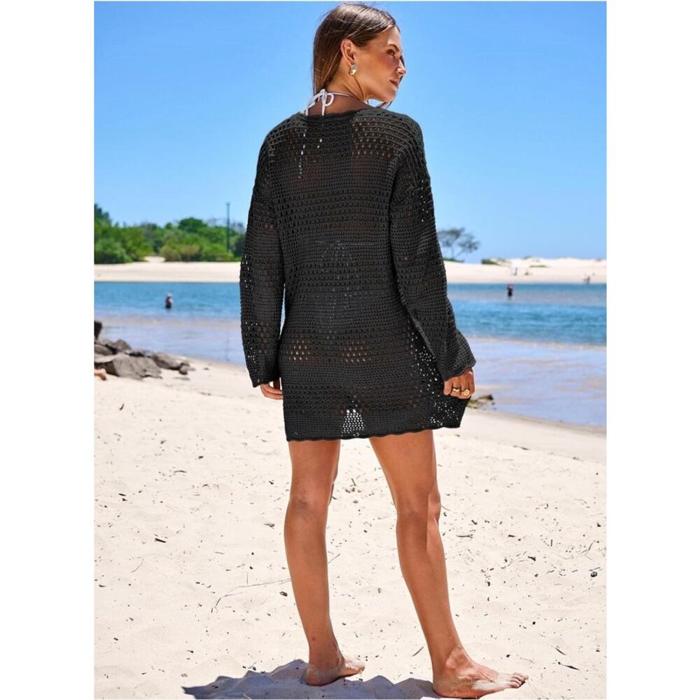 Prinbara Crochet Cover Up Women SZ S Black Long Sleeve Mesh Knit Beach Dress S4 - Picture 3 of 8